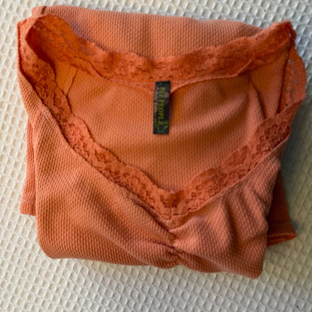 Free People Coral Orange Waffle Knit Lace Trim Thermal Top Sweetheart Neck S